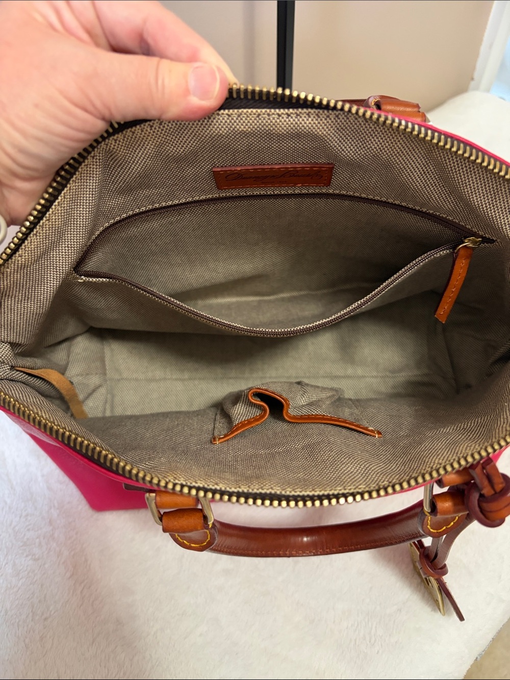 Dooney & Bourke Hot Pink Leather Satchel with Brown Trim - Picture 9 of 16